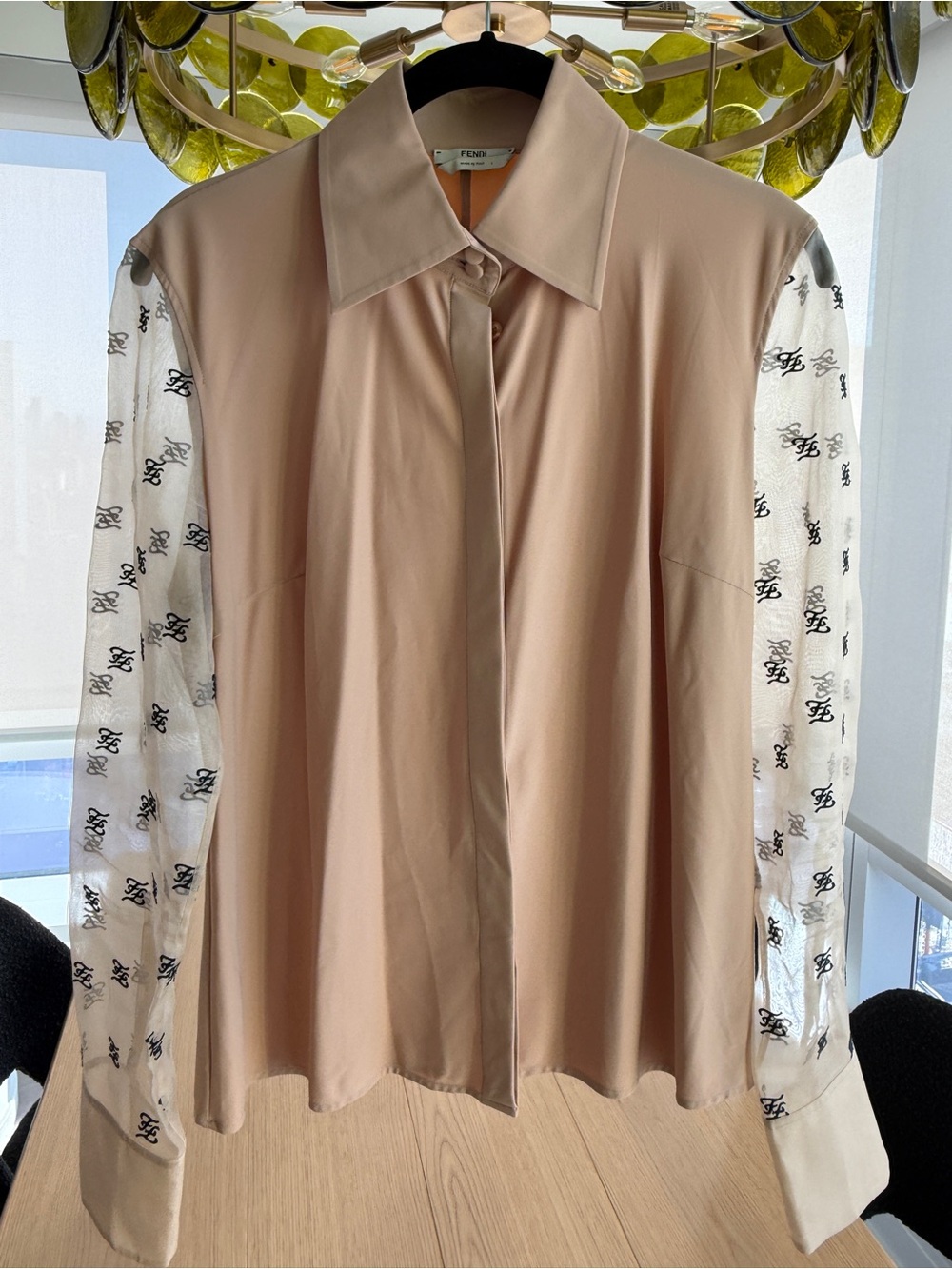 Fendi FF Logo Mesh Sleeve Button-Down Blouse Beige Size IT 42